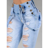 Women Jeans High Waisted Straight Skinny Stretchy Pant Streetwear Ladies Hole Washed Bandage Denim Pencil Pants Trousers