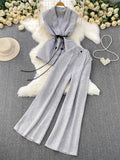 Gray West Assembly V-Neck Double Buckle Vest Sleeveless Waist Blouse + High Waist-High-Scretch Broad-Legged Trousers