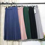 Korean Style Pleated Midi Skirt Women Casual New Fashion High Elastic Waist Skirts Black Pink Elegant Skirt Belt