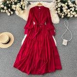 Autumn Retro Beach Pleated Dress Women Lantern Sleeve French Single Breasted 2022 Fashion Chiffon A Line Long