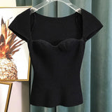 new spring sqaure collar sleeveless knitting pullover slim short high waist top female tank