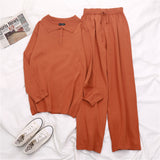 Winter Women Knitted 2 Piece Set Polo's Long Sleeve Sweater + Knitted Casual Pants 2 Piece Set Outfit 3