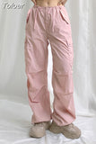 Bandage Elastic Waist Cargo Pants Pink Aesthetic Casual Sweatpants Straight Wide Leg Baggy Trousers 100% Cotton