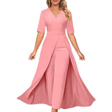 Office Lady Jumpsuit Patchwork V Neck 2023 New Summer Lace Up Women One Piece Long Trousers Solid Overalls