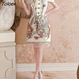 Flower Printed Dress Women 2023 Cloak Sleeve High Waist Mini Dress Bodycon Button Short Sleeve Elegant Vestido