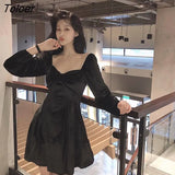 Sleeve Dress Women Square-collar Bow Elegant Backless Mini A-line Velvet-fabric Fashion Retro Womens Vestidos Chic