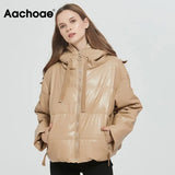 Women Thick Warm PU Faux Leather Padded Coat 2021 Winter Zipper Hooded Jacket Parka Long Sleeve Pockets Outerwear
