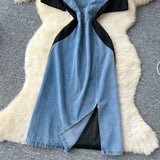 Version Of Fashion Elegant Irregular Short Sleeve Splicing Diamond-Singed Waist Denim Dress Women's Summer Open Fork Long