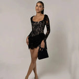 Black Long Sleeve Lace Bodycon Drape Mini Dress-Outfit