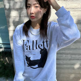 Korean Fashion Cat Print Pullover Grunge Black Cat Oversized Hoodies Kpop Gray Loose Sweatshirt Couple Streetwear