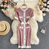Women Knitted Dress Korean O Neck Short Sleeve Elastic Pencil Dress Summer Sexy Slim Streetwear Short