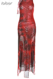 Red Print Mesh Sheer Asymmetric Dress Sexy Frill High Split Strapless Long Dresses for Women Club Outfit 2023