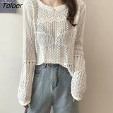 Women Knitted Hollow Out Summer Thin Fashion Loose Long Sleeve New Casual See Through Sexy Pullovers All-match