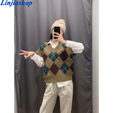 Vintage V Neck Rhombic Lattice Casual Knitting Vest Sweater Ladies Chic Waistcoat Pullovers Retro Jumper