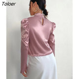 Satin Women's Blouse Casual Puff Long Sleeve Top Fashion Chic Pink Shirt Spring Autumn Turtleneck Solid Pullover