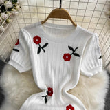 Summer Fashion Temperament Short-Sleeved Round To Receive Waist Thin Long Embroidery Knitted Coat