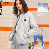 Women Down Jacket Winter Thick Baseball Collar Drawstring Hem 90% White Duck Down Warm Chic Casual Short