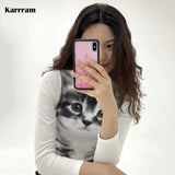 Korean Fashion Cat Print T-shirt Kawaii Kitten Crop Top Grunge Fairycore Graphic T Shirts Japanese Y2k Tops Cute
