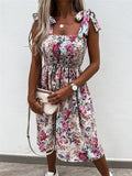 Women Summer Flower Print A-Line Dress with Pockets Shrinkage Designer Sling Square Collar Sleevelss Slim Midi