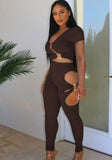 Sexy V-neck Short Sleeves High Waist Solid Hollow Out Skinny Two Piece Pants