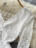Sexy Lace Playsuits Women V Neck Long Sleeve Slim Short Rompers Fashion Women Perspective Backless Party