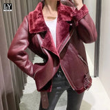 VAREY LIN Women Winter Brown Suede Jacket Coats Warm Thick Windproof Motorcycle Coat Turndown Collar Faux Lamb Leather
