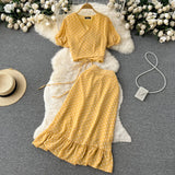 Summer Women Polka Dot Chiffon Two Piece Set Vintage V-Neck Bandage Short Tops + High Waist Mermaid Skirt 2Pcs Suits New