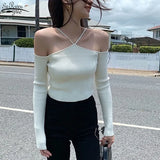 Off Shoulder Knitted Sweaters 2022 Long Sleeve Autumn Vintage Lady White Black Tops Women Sweater Mujer Pull Femme