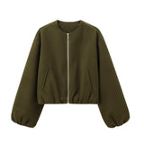 Women's ZA Autumn And Winter New Round Neck Soft Short Bomber Jacket