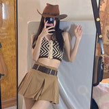Y2k Vintage Belt Pleated Skirt Women Summer Sexy Korean High Waist A-line Mini Skirt Casual Preppy Style Kpop