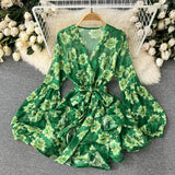 Bohemian Floral Chiffon Dress Women Sexy V-Neck Puff Long Sleeve High Waist Ruffle Vestidos Female Elegant Vacation Beach