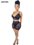 Black Lace Patchwork 2 Piece Club Outfits Female Festival Clothes Spaghetti Strap Backless Crop Top and Skinny
