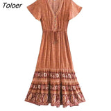 V-Neck Short Sleeve Summer Dress Floral Printed Bohemian Maxi Dresses Casual Beach Women Clothing 2023 Female