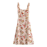 Summer Vintage Prairie Chic Lace-Up Floral Print Spaghetti Strap A-line Side Slit Elastic Dress Zipper Vestido