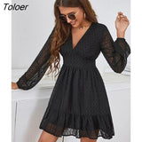 Chiffon Mesh Long Sleeve Dress Women Casual White Ruffle Party Dresses Elegant Solid V Neck Mini Dress Spring Summer