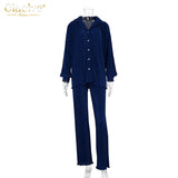 Casual High Wasit Pants Set Women Autumn Long Sleeve Blouses Matching Wide Trousers Suit Green Pleated 2 Piece Pant