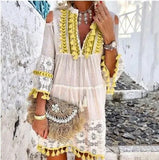 tassel boho dress women v Neck seven sleeve loose short dresses femme holiday bohemian chic dress plus size