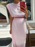 Summer O-Neck Crop Top Set Woman 2 Pieces Elegant Loose High Waist Skirt Set Female Casual Pleated Pink Suits With