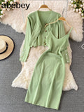 Botton Knitted Women Sets Loose Long Sleeves Cardigan+ Solid Elastic Dress French Style Casual Two Piece