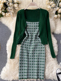 Autumn Plaid Knitted Two Pieces Suits Women Long Sleeve Knit Cardigan+Slim Short Camis Dress Sweater Dress Sets