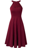 Vintage Halter Sleeveless Solid Lace Bow A-line Midi