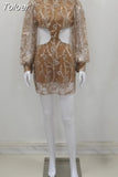 Fashion Elegant Women's Dress New Round Neck Long Sleeve Gauze Sequined Mini A-line Dresses Female Summer 2023