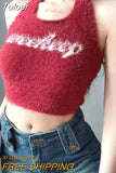 Women Elegant Halter Mink Hair Tank Tops O-Neck Knitted Off Shoulder Crop Tops Sexy Elastic Solid Tops For