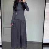 2025 New Solid Color Dress Fashion Fake Two Long-Sleeved Dress