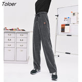 Women Sweatpants 2022 Autumn Drawstring Elastic Waist Straight Loose Trousers Dark Grey Casual Streetwear Long