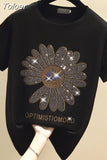 Fashion Ins Hot Rhinestone Loose T-shirt Women 2023 Summer Small Daisy Short Sleeve Sun Flower Cotton Tshirt