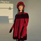 Winter Loose Black Velvet Women'S Dresses 2023 Fashion Stand Collar Long Sleeve Mini Dress Elegant Classic Female