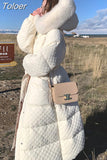 Women 90% White Duck Down Coat Long Fur Hooded Rhombus Pattern Parka Argyle Long Plaid Bubble Jacket Snow