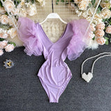 Women Summer Slim Elastic Rompers Korean V Neck Petal Sleeve Jumpsuit Fashion Casual Solid Streetwear