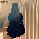 Temperament Woman Dress Vintage Robe Square Collar Puff Sleeve Slim Velvet Vestidos Mujer Korean Elegant Black